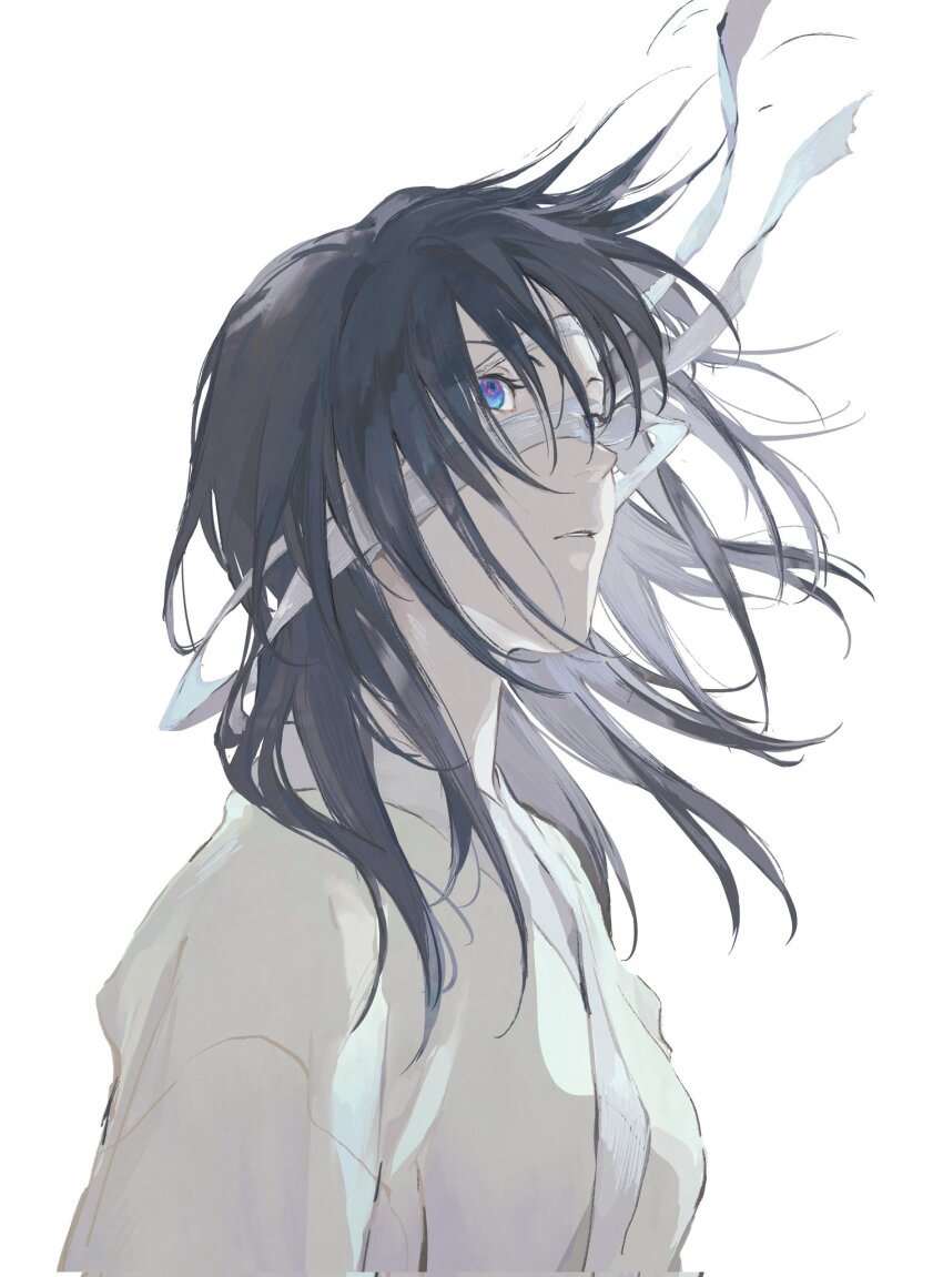 1girl bandage_on_face bandage_over_one_eye bandaged_head bandages black_hair blue_eyes highres hospital_gown kara_no_kyoukai medium_hair mimulishizi mystic_eyes_of_death_perception ryougi_shiki simple_background solo white_background