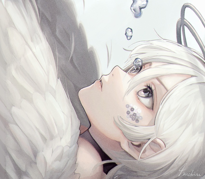 1girl eyelashes feathered_wings floating_tears grey_background grey_eyes hair_between_eyes halo highres inuchiru nostrils original parted_lips rhinestone short_hair solo tears white_hair white_wings wings