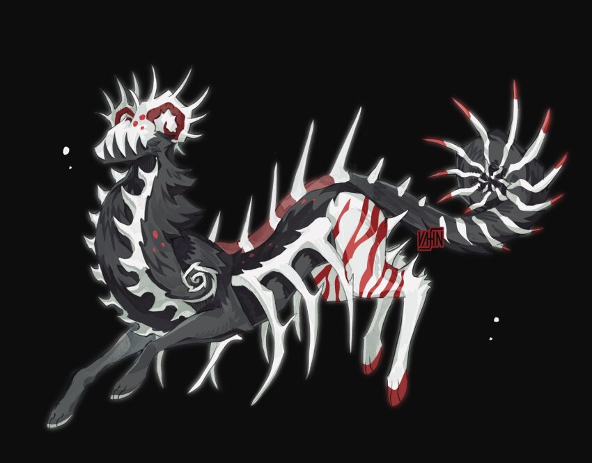 animal_hands back_spikes bairizuomeng black_background black_fur chimera curled_horns curled_tail highres hooves horns monster monster_focus no_eyes no_humans original ribs sharp_teeth signature simple_background solo spiked_tail spikes spines striped_fur swirl tail teeth white_fur white_horns