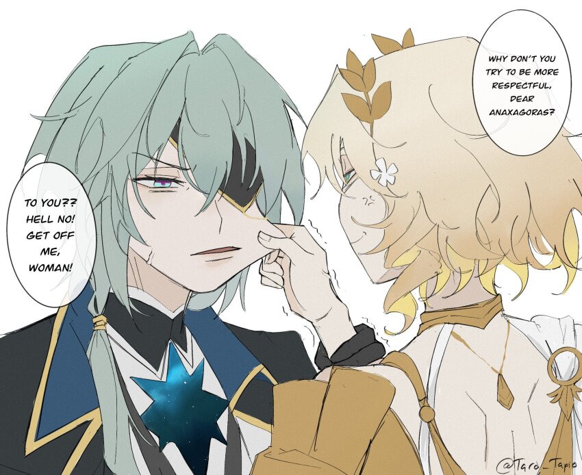 1boy 1girl aglaea_(honkai:_star_rail) anaxa_(honkai:_star_rail) anger_vein aqua_eyes aqua_hair artist_name blonde_hair cheek_pinching english_text eyepatch green_eyes head_wreath highres honkai:_star_rail honkai_(series) pinching short_hair signature speech_bubble taro_tapio upper_body white_background