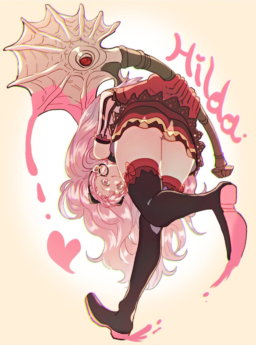 1girl axe bare_shoulders boots bow character_name earrings fire_emblem fire_emblem:_three_houses freikugel_(fire_emblem) full_body gloves gradient_background heart highres hilda_valentine_goneril hilda_valentine_goneril_(timeskip) holding holding_axe holding_weapon jewelry long_hair looking_at_viewer nintendo pink_eyes pink_hair ponytail red_bow red_gloves smile solo thighhighs uluchi_rice weapon zettai_ryouiki