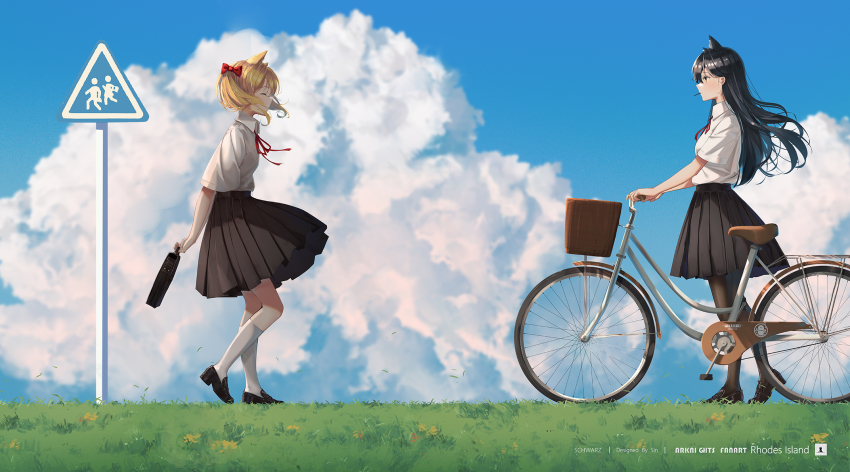 2girls alternate_costume animal_ear_fluff animal_ears arknights artist_name bag bicycle bicycle_basket black_footwear black_hair black_skirt black_socks blonde_hair blue_sky bow briefcase brown_eyes closed_eyes closed_mouth collared_shirt day food from_side full_body grass hair_bow highres holding holding_bag kneehighs loafers looking_at_another medium_skirt mouth_hold multiple_girls no_tail outdoors pantyhose pleated_skirt pocky pushing_bicycle red_bow road_sign school_briefcase shirt shoes short_hair short_sleeves short_twintails sign sin. skirt sky smile socks sora_(arknights) texas_(arknights) twintails walking walking_backwards white_legwear white_shirt wolf_ears