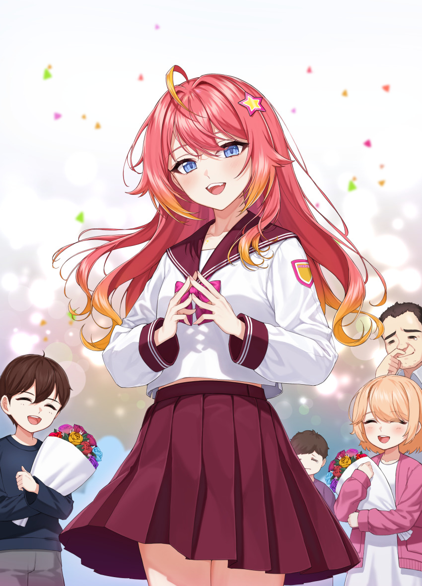 2girls 3boys :d ^_^ absurdres ahoge bad_id bad_pixiv_id blue_eyes blurry bokeh bouquet bow bowtie closed_eyes confetti controlline3 counter:side cowboy_shot depth_of_field finger_to_own_nose flower gradient_hair hair_between_eyes hair_intakes hair_ornament hairclip high-waist_skirt highres holding holding_bouquet light_blush long_hair long_sleeves looking_at_viewer midriff_peek multicolored_hair multiple_boys multiple_girls open_mouth pleated_skirt purple_bow purple_bowtie rachel_dodds red_hair red_skirt sailor_collar school_uniform serafuku shirt shirt_overhang skirt smile solo_focus standing steepled_fingers tearing_up white_shirt