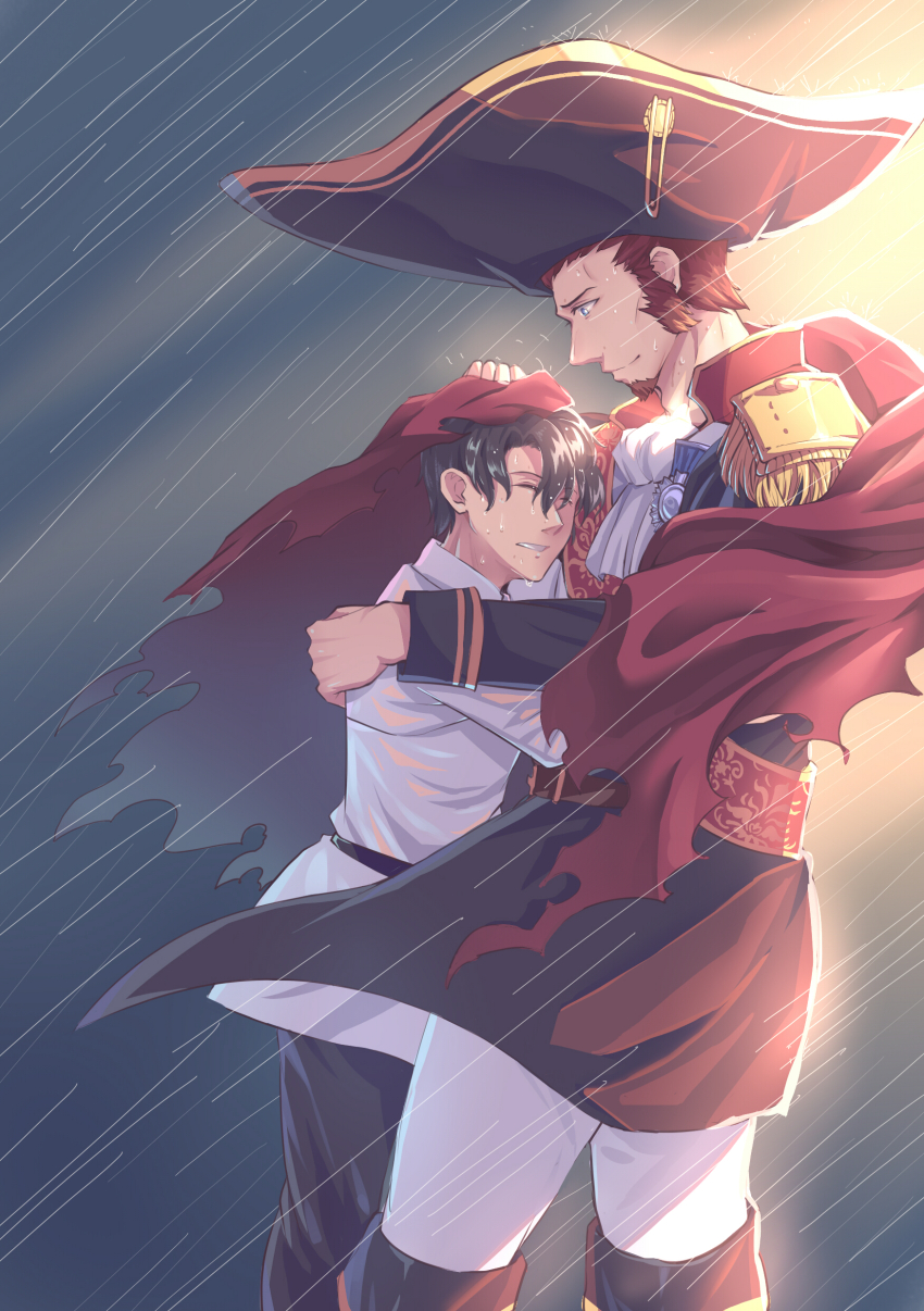 2boys absurdres ascot black_hair black_pants brown_hair cape epaulettes facial_hair fate/grand_order fate_(series) from_side fujimaru_ritsuka_(male) goatee hat highres hug male_focus multiple_boys napoleon_bonaparte_(fate) pants parted_lips rain red_cape shirt short_hair tricorne wet wet_hair white_ascot white_pants white_shirt yaekaidou yaoi