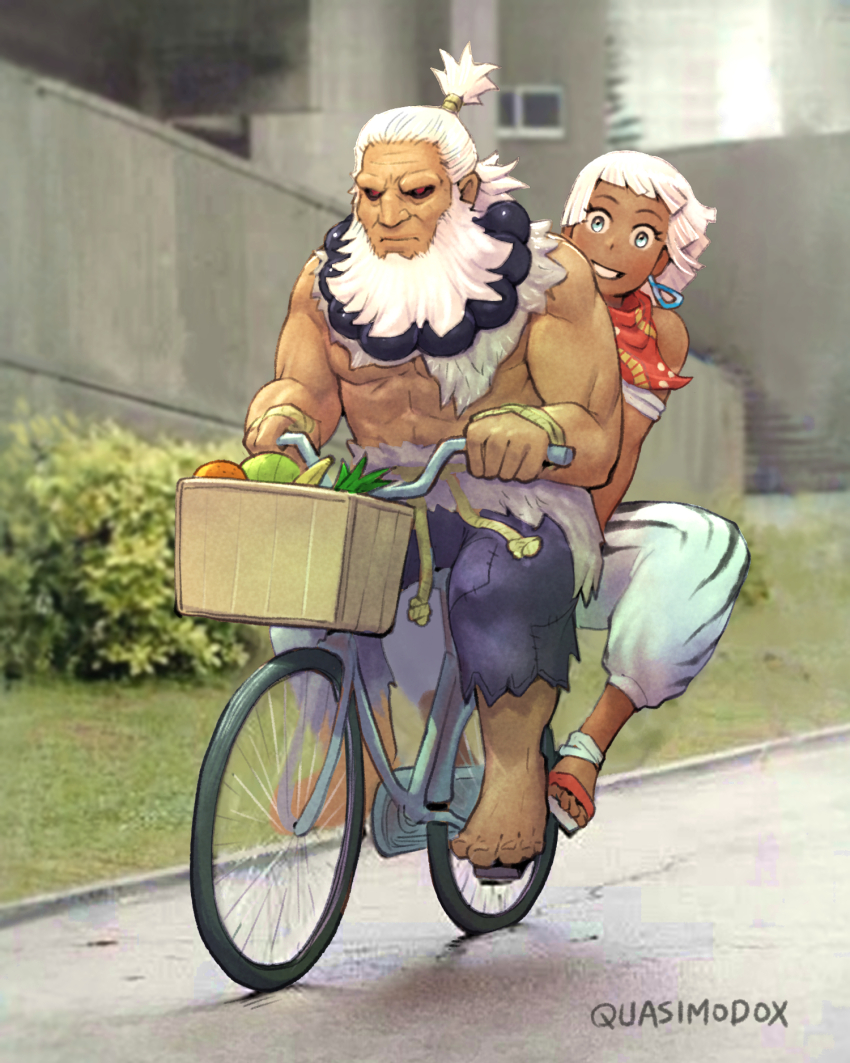 1boy 1girl akuma_(street_fighter) basket beard bicycle bicycle_basket black_sclera capri_pants carrot colored_sclera dark-skinned_male dark_skin day earrings elena_(street_fighter) facial_hair food fruit highres jewelry multiple_riders muscular muscular_male old old_man outdoors pants pointy_ears ponytail quasimodox riding road sandals short_hair short_ponytail smile street_fighter street_fighter_6 topknot topless_male torn_clothes white_hair