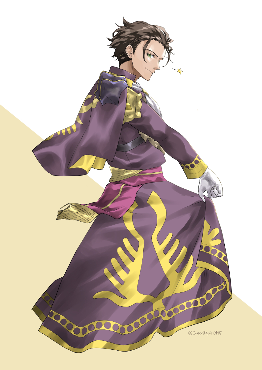 1boy absurdres artist_name brown_hair capelet claude_von_riegan closed_mouth commentary_request fire_emblem fire_emblem:_three_houses fire_emblem_warriors:_three_hopes full_body gloves gold_trim green_eyes highres long_skirt male_focus midori_no_baku nintendo purple_capelet purple_skirt short_hair skirt smile solo star_(symbol) twitter_username two-tone_background white_background white_gloves yellow_background