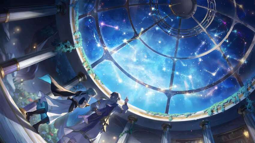 2boys anaxa_(honkai:_star_rail) ancient_greek_clothes aqua_hair architecture arm_behind_back armlet bad_link black_boots black_cape black_sash blue_cape book bookshelf boots cape column constellation dome fisheye game_cg greco-roman_architecture greco-roman_clothes highres holding holding_book honkai:_star_rail honkai_(series) jewelry lantern long_hair long_sleeves looking_at_another looking_up low_ponytail male_focus multiple_boys night night_sky official_art pillar pointing pointing_up ponytail puffy_long_sleeves puffy_sleeves sash sky tree tunic two-sided_fabric white_tunic