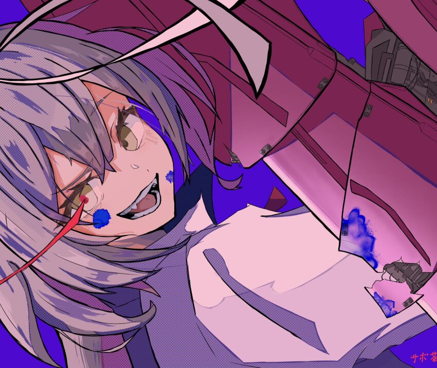 1girl ahoge artist_name assault_lily blood blood_on_face bloody_weapon blue_blood commentary_request damaged eye_trail fangs from_side grey_hair hair_between_eyes halftone herensuge_girls_academy_school_uniform highres holding holding_weapon jacket light_trail long_hair looking_at_viewer looking_to_the_side mismatched_pupils open_mouth portrait purple_background racing_sanpo_chadoubu raised_eyebrow red_pupils sasaki_ran school_uniform simple_background smile solo teeth weapon white_jacket yellow_eyes