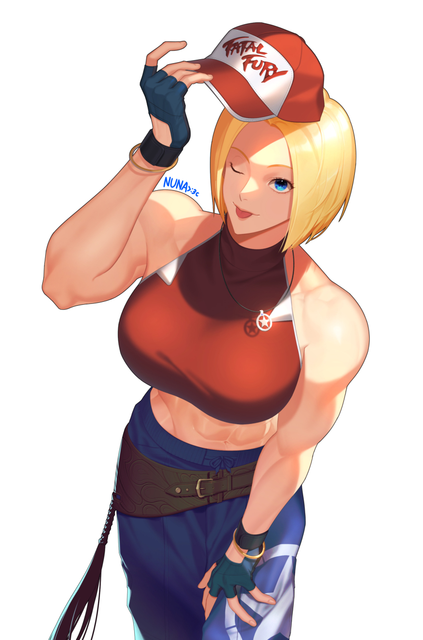 1girl abs absurdres baggy_pants belt biceps blonde_hair blue_mary breasts crop_top fatal_fury fatal_fury_cap highres large_breasts loose_belt muscular muscular_female nuna obliques one_eye_closed pants sleeveless_turtleneck_crop_top snk straight_hair the_king_of_fighters the_king_of_fighters_xiv the_king_of_fighters_xv toned tongue tongue_out turtleneck_crop_top