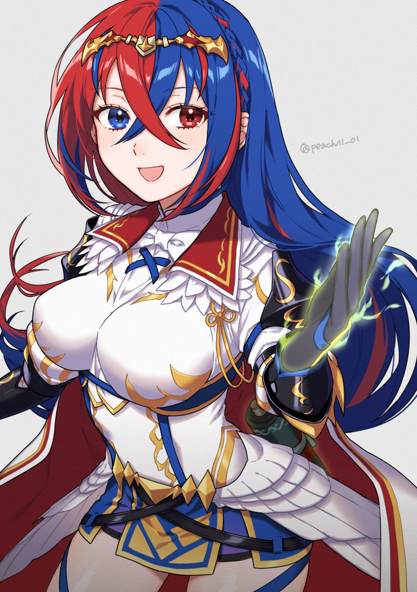 1girl female_alear_(fire_emblem) aura blue_eyes blue_hair braid breasts crossed_bangs crown_braid feather_hair_ornament feathers female_alear_(awoken_divinity)_(fire_emblem) female_focus fire_emblem fire_emblem_engage fire_emblem_heroes glowing glowing_hand glowing_hands hair_ornament heterochromia highres long_hair looking_at_viewer matching_hair/eyes medium_breasts multicolored_hair nintendo official_alternate_costume red_eyes red_hair shamu_(peach11_01) smile solo split-color_hair tiara two-tone_hair very_long_hair white_feathers