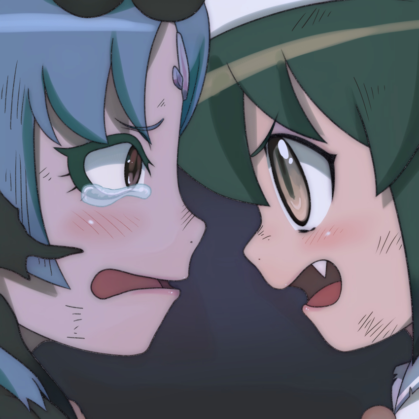 2girls angry black_background blue_hair blush brown_eyes chuu-tan crying etotama fang forehead_jewel green_hair hat highres looking_at_another multiple_girls nyaa-tan open_mouth red_eyes school_uniform shirt short_hair t_jiroo_(ringofriend) tears white_hat white_shirt