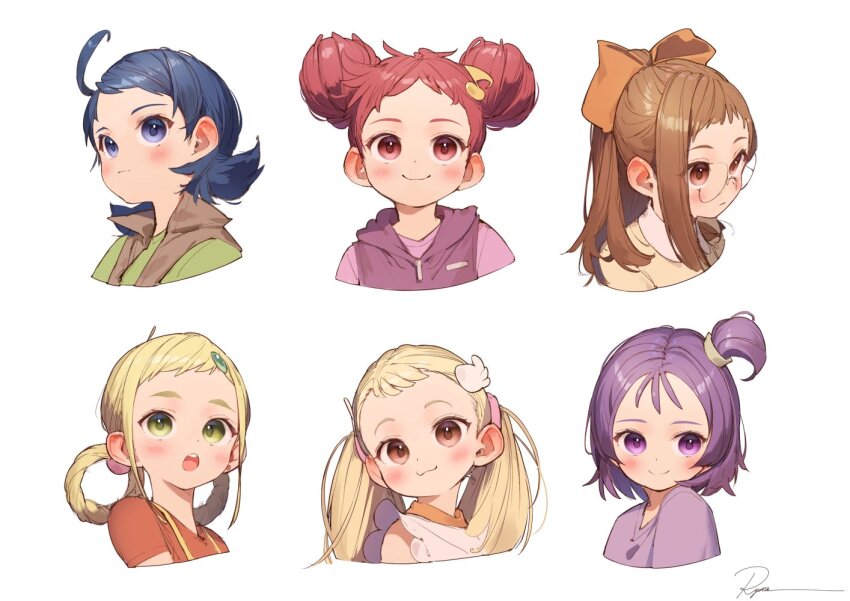 6+girls ahoge asuka_momoko blonde_hair blue_eyes blue_hair bow braid braided_hair_rings brown_eyes brown_hair brown_vest child collared_shirt cropped_shoulders double_bun fortissimo fujiwara_hazuki glasses green_eyes green_shirt hair_bow hair_bun hair_ornament hair_rings harukaze_doremi long_hair makihatayama_hana medium_hair multiple_girls musical_note musical_note_hair_ornament ojamajo_doremi one_side_up open_mouth orange_bow orange_shirt pink_shirt purple_eyes purple_hair purple_shirt purple_vest red_eyes red_hair round_eyewear ryota_(ry_o_ta) segawa_onpu senoo_aiko shirt short_hair single_sidelock twintails vest white_background white_shirt wing_hair_ornament yellow_shirt