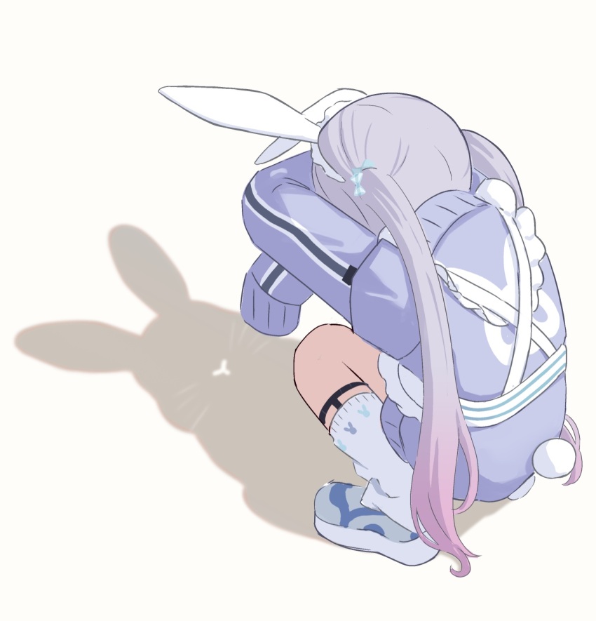 1girl animal_ears apron cat_shadow_puppet_(meme) fake_animal_ears fake_tail from_behind full_body gradient_hair hetj5235 highres jacket meme multicolored_hair purple_hair rabbit_ears rabbit_tail shadow_puppet shoes socks solo squatting tail tosaki_mimi tosaki_mimi_(4th_costume) track_jacket twintails virtual_youtuber vspo! waist_apron white_background white_socks