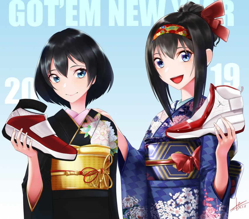 2019 2girls :d air_jordan air_jordan_19 air_jordan_20 black_hair black_kimono blue_eyes blue_kimono blush bow hair_behind_ear hair_between_eyes hair_bun hairband hand_on_another&#039;s_shoulder happy_new_year highres holding holding_shoes holding_unworn_clothes japanese_clothes kimono looking_at_viewer mitsugi_riku_(silenxe) mizuki_shizuka_(silenxe) multiple_girls new_year obi open_mouth original red_bow red_hairband sash shoes short_hair silenxe single_hair_bun smile sneakers unworn_shoes yukata