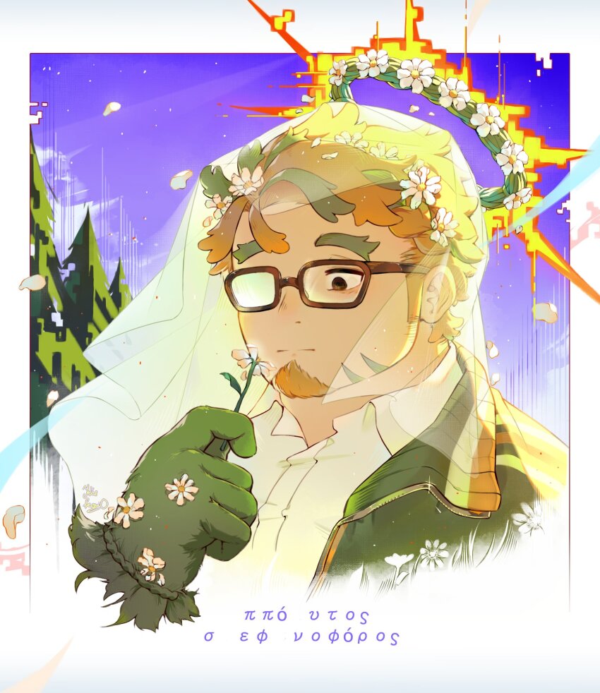 blonde_hair empty_eyes falling_petals flower glasses glowing_glasses hair_flower hair_ornament highres hippolytus_(housamo) kiekoio looking_at_object multicolored_hair petals tokyo_houkago_summoners two-tone_hair veil