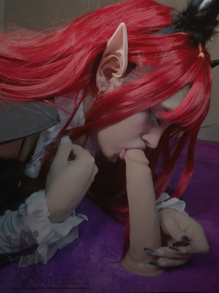 1boy :&gt;= absurdres androgynous arm_support artist_name breasts cleavage cosplay crossdressing darkwaifutrap demon_girl dildo earrings fake_horns fake_tail fellatio fingernails highres hoop_earrings horns jewelry lips oral photo_(medium) real_life red_hair rizu-kyun rizu-kyun_(cosplay) sex_toy shiny_skin solo sono_bisque_doll_wa_koi_wo_suru tail trap watermark
