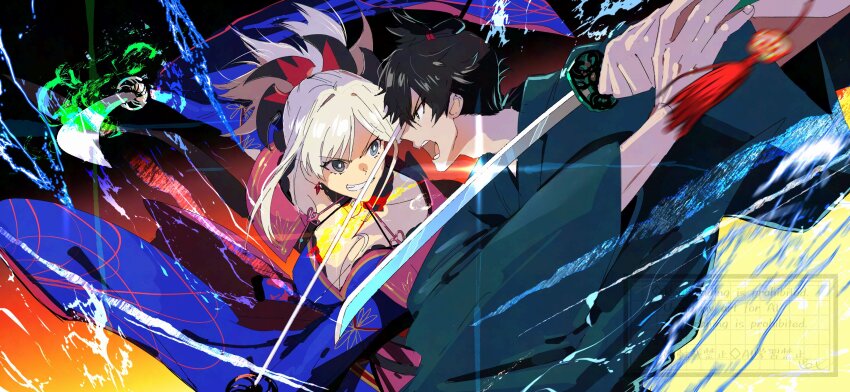 1boy 1girl asymmetrical_hair battle black_hair blue_kimono breasts cleavage dual_wielding earrings fate/grand_order fate_(series) grin highres holding holding_sword holding_weapon japanese_clothes jewelry katana kimono leaf_earrings miyamoto_iori_(fate) miyamoto_musashi_(fate) pirohi_(pirohi214) smile sword topknot watermark weapon white_hair
