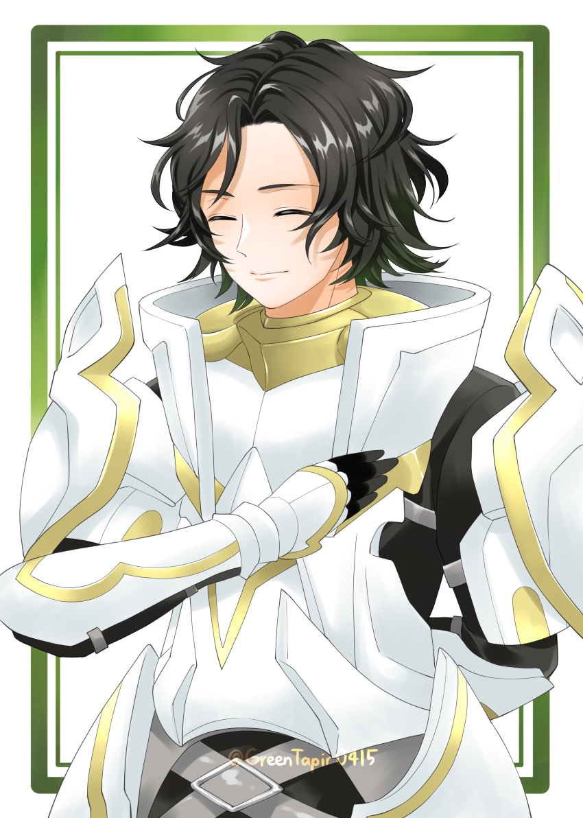 1boy absurdres arm_behind_back armor artist_name black_hair border closed_eyes closed_mouth commentary_request fire_emblem fire_emblem_engage green_border highres louis_(fire_emblem) male_focus midori_no_baku nintendo partial_commentary short_hair solo upper_body white_armor white_background