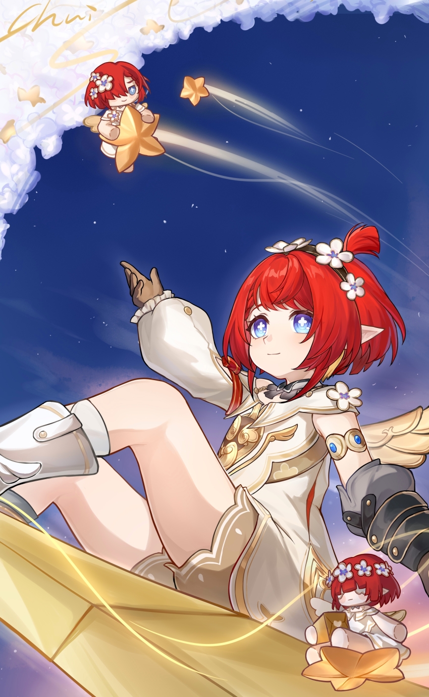 3girls absurdres ancient_greek_clothes angel_wings black_gloves black_hairband blue_eyes blue_sky chinese_commentary chuideng commentary_request cross-shaped_pupils dress gloves greco-roman_clothes hairband head_wreath highres holding holding_star honkai:_star_rail honkai_(series) multiple_girls pointy_ears red_eyes short_hair sky star_(sky) star_(symbol) symbol-shaped_pupils trianne_(honkai:_star_rail) tribbie_(honkai:_star_rail) trinnon_(honkai:_star_rail) white_blindfold white_dress wings
