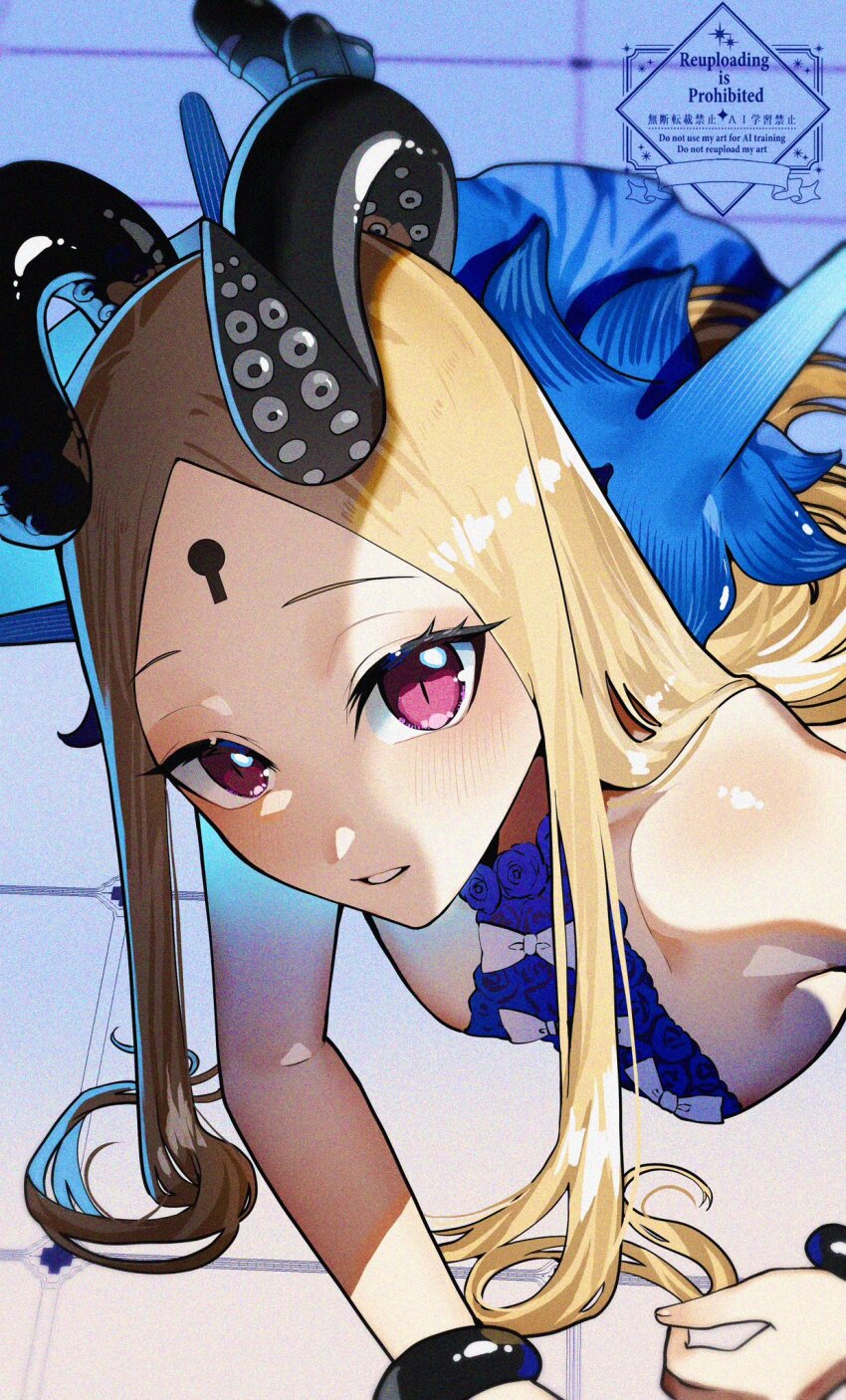 1girl abigail_williams_(fate) abigail_williams_(fgo_fes._2025)_(fate) bare_shoulders blonde_hair blue_dress blush bow bracelet breasts dress fate/grand_order fate_(series) forehead highres jewelry kabosoi_mangaka keyhole long_hair looking_at_viewer lying on_stomach parted_bangs parted_lips purple_eyes small_breasts solo tentacles