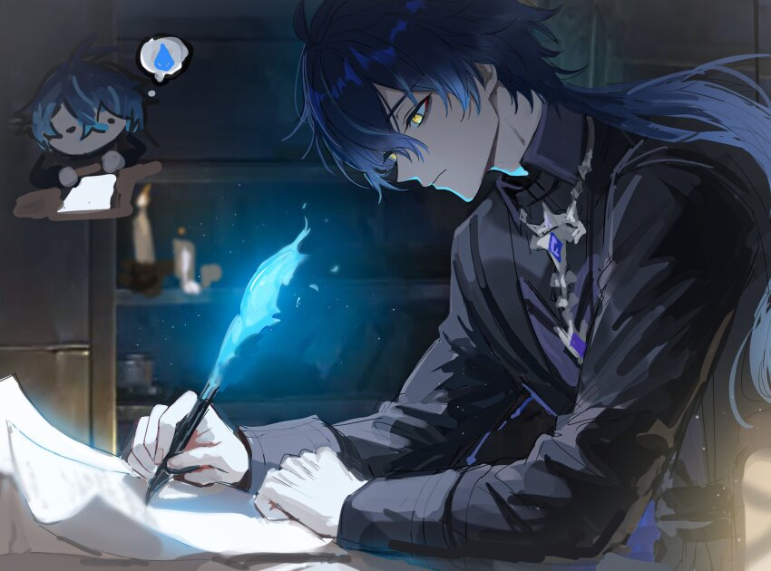 1boy candle chibi expressionless fire flins_(genshin_impact) fractalmagnolia genshin_impact highres long_hair long_sleeves male_focus multicolored_hair paper pen writing yellow_eyes