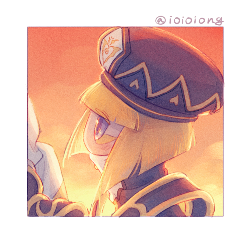 1boy 1girl beret black_hat black_robe black_wrist_cuffs blonde_hair blunt_bangs blunt_ends bob_cut border buttons cloud covered_mouth disembodied_hand from_side gradient_sky hat heart heart_print highres hyness kirby_star_allies kirby_(series) light_blush marking_on_cheek nintendo orange_skirt outdoors purple_eyes robe short_hair skirt sky solo_focus somayumi sunset turtleneck twitter_username white_border white_robe wrist_cuffs yellow_trim zan_partizanne