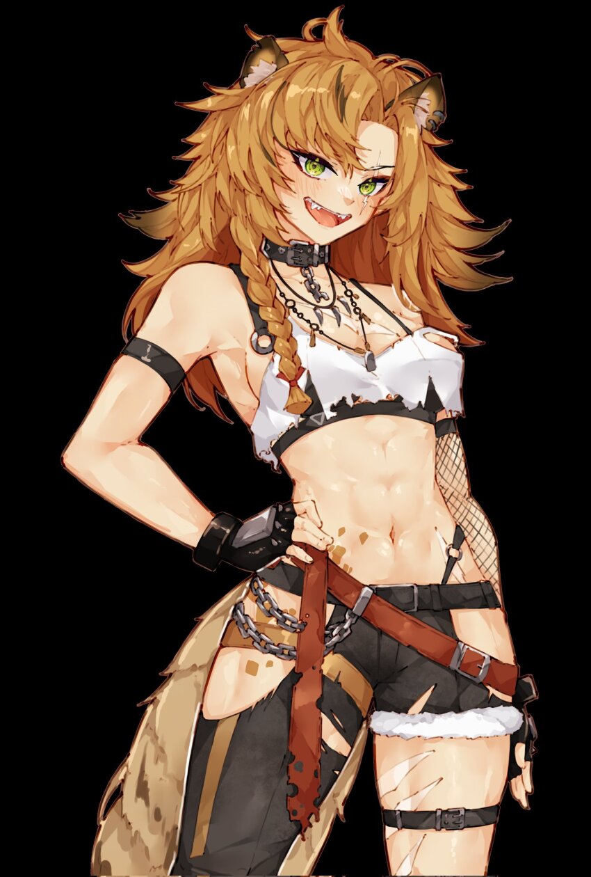 1girl abs arm_belt asymmetrical_clothes belt black_background black_collar black_gloves black_pants blonde_hair braid breasts brown_belt chromashift claw_scar collar commentary commission english_commentary fangs fingerless_gloves fishnet_sleeves fishnets gloves green_eyes hand_on_own_hip highres hyena_ears hyena_girl hyena_tail jewelry long_hair looking_at_viewer ma_draws medium_breasts messy_hair midriff navel necklace open_mouth pants scar scar_on_leg scar_on_stomach second-party_source simple_background single_braid single_pantsleg single_sleeve solo standing tank_top thigh_belt thigh_strap toned toned_female torn_clothes torn_pants torn_tank_top virtual_youtuber white_tank_top yena_youngblood