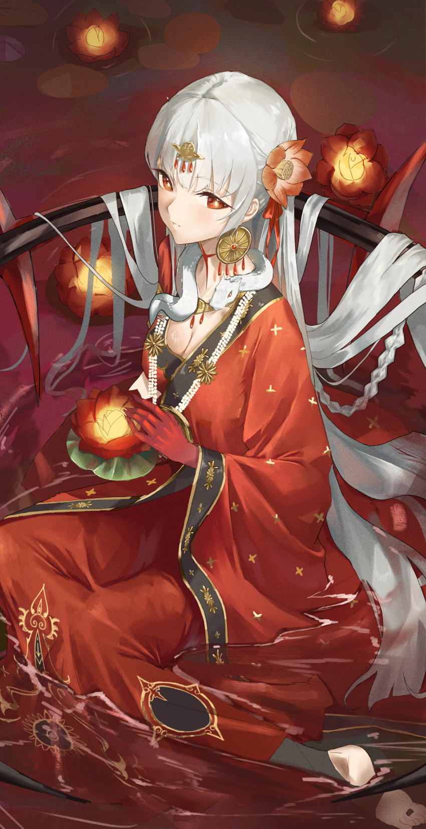 1girl absurdres asymmetrical_sleeves blush body_markings breasts circlet cleavage collarbone colored_skin dress durga_(fate) durga_(second_ascension)_(fate) earrings fate/grand_order fate_(series) flower gold_trim gradient_skin grey_hair hair_flower hair_ornament hair_ribbon highres indian_clothes jewelry large_breasts long_hair looking_at_viewer necklace red_dress red_eyes red_skin ribbon sari snake solo stirrup_legwear toeless_legwear very_long_hair zargaz