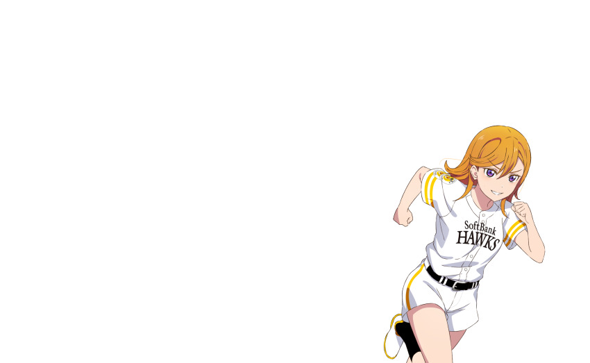 1girl anime_coloring baseball baseball_uniform belt belt_buckle black_belt black_socks buckle clenched_hands cowboy_shot fukuoka_softbank_hawks grin highres leg_up long_hair love_live! love_live!_superstar!! negative_space nippon_professional_baseball official_art orange_hair outline purple_eyes running serious shibuya_kanon shirt shoes short_sleeves shorts smile socks solo sportswear teeth transparent_background v-shaped_eyebrows white_outline white_shirt white_shoes white_shorts