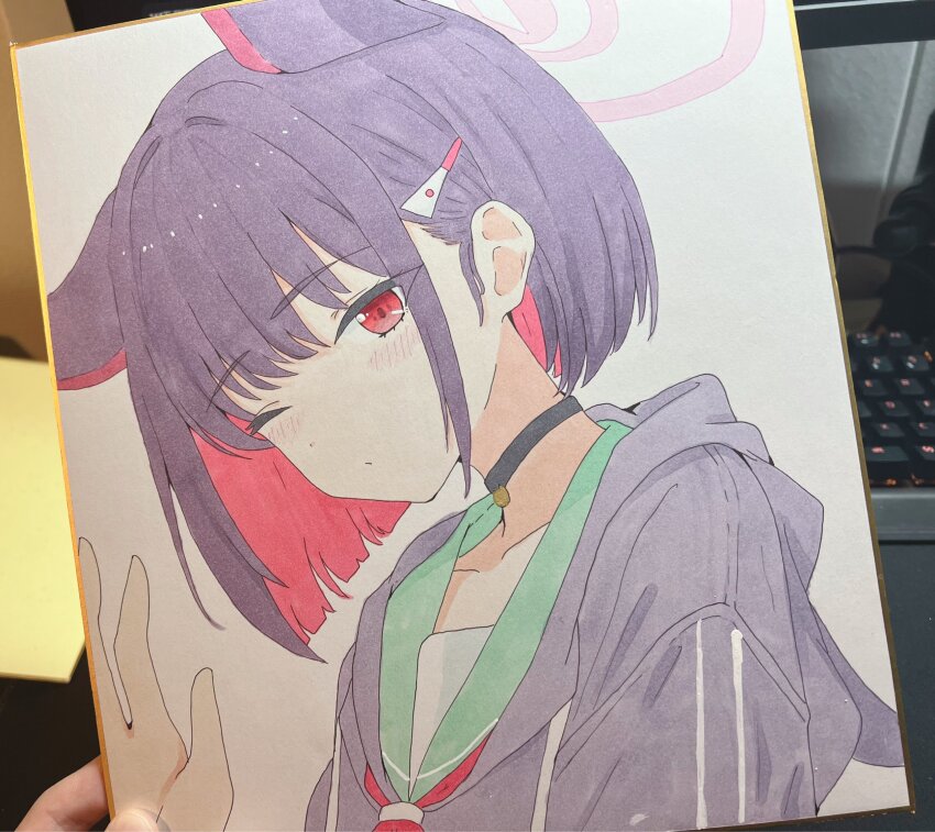 1girl absurdres animal_ears black_choker black_jacket blue_archive blunt_bangs blush cat_choker cat_ears choker collarbone colored_inner_hair commentary drawstring from_side green_sailor_collar hair_ornament hairpin halo highres hood hood_down hooded_jacket jacket kazusa_(blue_archive) kurumi_kororin long_sleeves looking_at_viewer marker_(medium) medium_hair multicolored_hair neckerchief photo_(medium) pink_hair pink_halo pink_neckerchief purple_hair red_eyes sailor_collar shikishi sidelocks solo symbol-only_commentary traditional_media waving