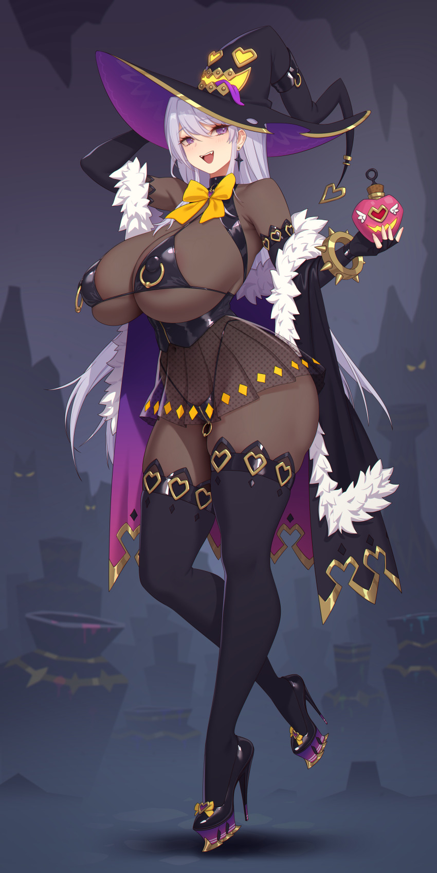 1girl absurdres arm_up bikini black_bikini black_cape black_footwear black_gloves black_hat black_thighhighs bodystocking bow bowtie bracelet breasts cape chinese_commentary commentary commentary_request covered_erect_nipples earrings elbow_gloves english_commentary fingerless_gloves fur-trimmed_cape fur_trim gloves hair_between_eyes hat heart heart_o-ring high-waist_skirt high_heels highleg highleg_bikini highres holding huge_breasts jewelry light_blush long_hair looking_at_viewer micro_bikini miniskirt mixed-language_commentary navel nipple_piercing nipple_rings o-ring open_mouth original piercing pleated_skirt pumps purple_eyes purple_hair rekaerb_maerd revealing_clothes see-through_clothes see-through_skirt skindentation skirt smile solo spiked_bracelet spikes standing standing_on_one_leg swimsuit teeth thighhighs tongue underboob upper_teeth_only very_long_hair witch_hat yellow_bow yellow_bowtie