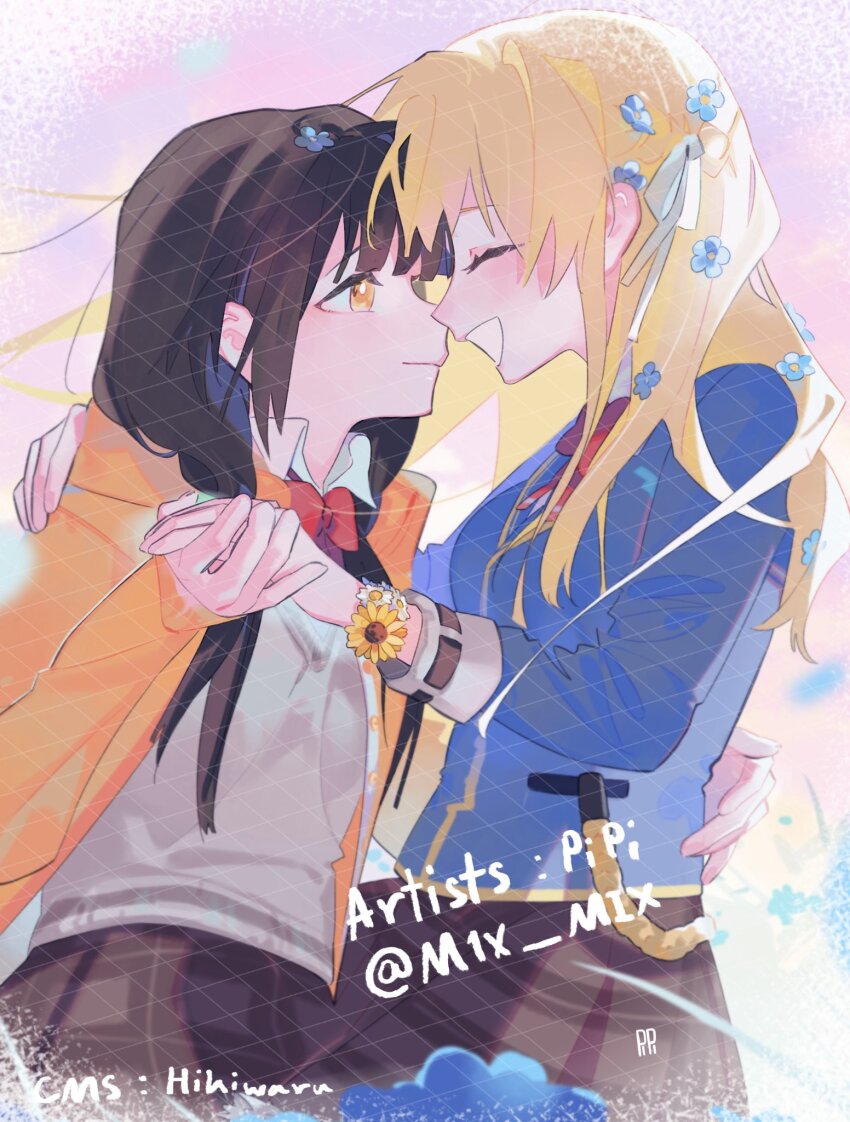 2girls asakura_karen_(heaven_burns_red) black_hair blonde_hair blue_jacket bow braid commission face-to-face flower_wristband half_up_braid happy heaven_burns_red highres holding_hands hood hooded_jacket jacket long_hair long_sleeves multiple_girls on_head pipi_(m1x_mix) red_bow ribbon second-party_source tail toujou_tsukasa twintails white_ribbon yellow_eyes yuri