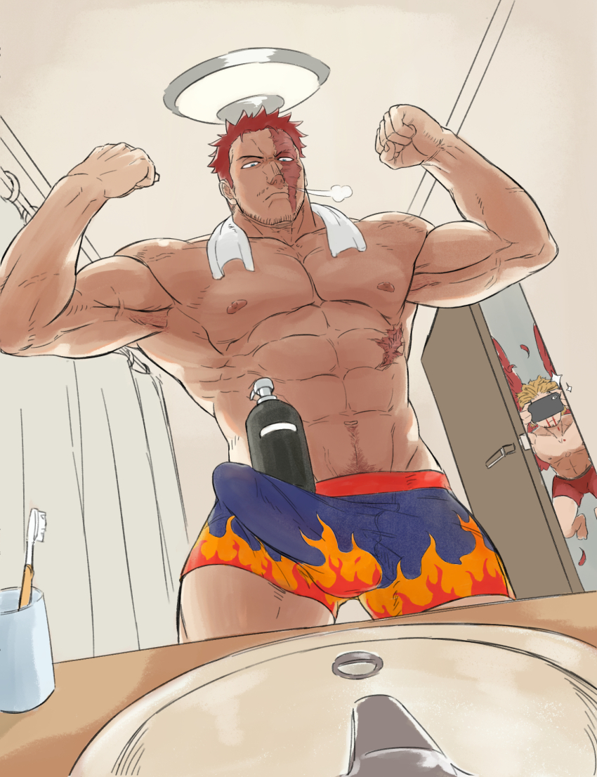 2boys abs bara bathroom beard_stubble blood boku_no_hero_academia boxer_briefs bulge cellphone commentary_request double_biceps_pose endeavor_(boku_no_hero_academia) erection erection_under_clothes facial_hair flexing haku_(pixiv_98785262) hawks_(boku_no_hero_academia) highres holding holding_phone indoors large_pectorals male_focus male_underwear multiple_boys muscular muscular_male mustache_stubble navel navel_hair nipples nosebleed pectorals phone red_hair scar scar_on_face shampoo_challenge short_hair smartphone soap_bottle stubble taking_picture toothbrush towel towel_around_neck underwear