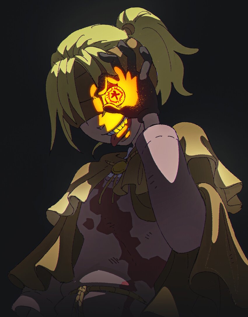 1girl absurdres aisendraw black_background blindfold blonde_hair blood blood_on_clothes brown_dress cape capelet commentary covered_mouth dress elden_ring eyeball finger_maiden_hyetta gloves highres holding holding_eyeball ponytail shabriri_grape short_hair simple_background solo teeth tongue tongue_out yellow_cape yellow_capelet