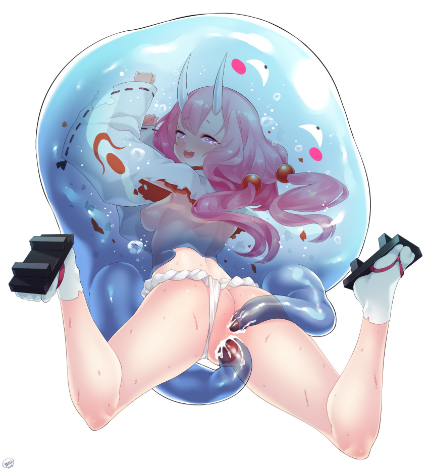 1girl anal anus ass born-to-die breasts consensual_tentacles cum cum_in_ass cum_in_pussy double_penetration full_body fundoshi geta hair_bobbles hair_ornament highres horns inside_creature japanese_clothes long_sleeves looking_at_viewer looking_back nipples open_mouth pink_hair pussy rimuru_tempest shoe_soles shuna_(tensura) simple_background slime_(creature) small_breasts socks spread_legs tensei_shitara_slime_datta_ken tentacle_sex tentacles twintails uncensored vaginal vore white_background white_socks