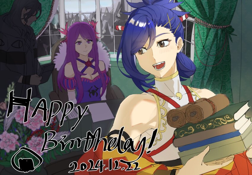 1girl 2boys book breasts brown_hair cleavage dated elmakagetsu fire_emblem fire_emblem_engage folded_ponytail happy_birthday highres holding holding_book indoors ivy_(fire_emblem) japanese_clothes kagetsu_(fire_emblem) large_breasts multiple_boys nintendo open_mouth purple_hair zelkov_(fire_emblem)