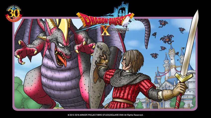 1boy 6+others anniversary armor artist_request black_border black_eyes blue_sky border box_art brown_gloves brown_hair castle chainmail clenched_teeth copyright_logo cover day derivative_work dracky dragon dragon_quest dragon_quest_i dragon_quest_x fighting gloves hero_(dq10) highres holding holding_shield holding_sword holding_weapon male_focus multiple_others official_art official_wallpaper outdoors profile red_tunic shield short_hair sky slime_(dragon_quest) sword teeth third-party_source tongue tongue_out tunic video_game_cover video_game_cover_redraw weapon