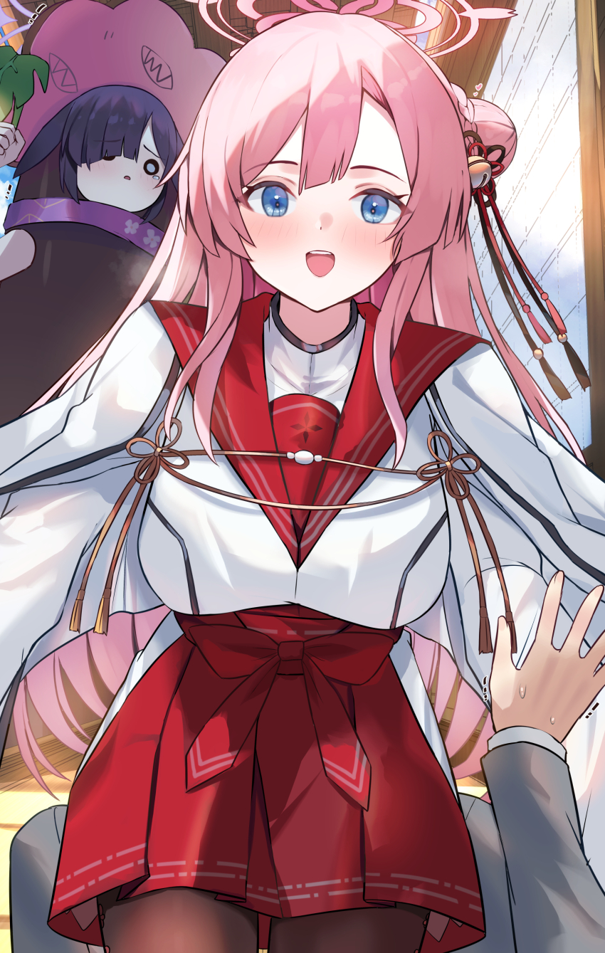 2girls absurdres blue_archive blue_eyes blush breasts formal_clothes grey_suit hair_ornament halo highres large_breasts long_hair mi_taro333 mimori_(blue_archive) multiple_girls open_mouth pink_hair pink_halo sensei_(blue_archive) smile suit tsukuyo_(blue_archive)