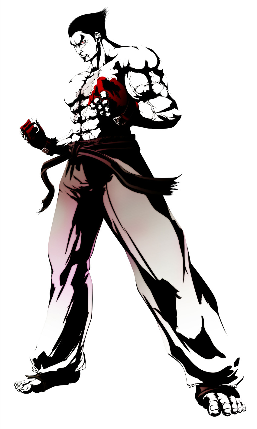 1boy abs absurdres fingerless_gloves frown fujisawa_tomio gloves heterochromia highres looking_at_viewer male_focus martial_arts_belt mishima_kazuya muscular muscular_male non-web_source red_eyes red_gloves scar scar_on_chest scar_on_face simple_background solo spot_color studded_gloves tekken tekken_tag_tournament_2 topless_male white_background