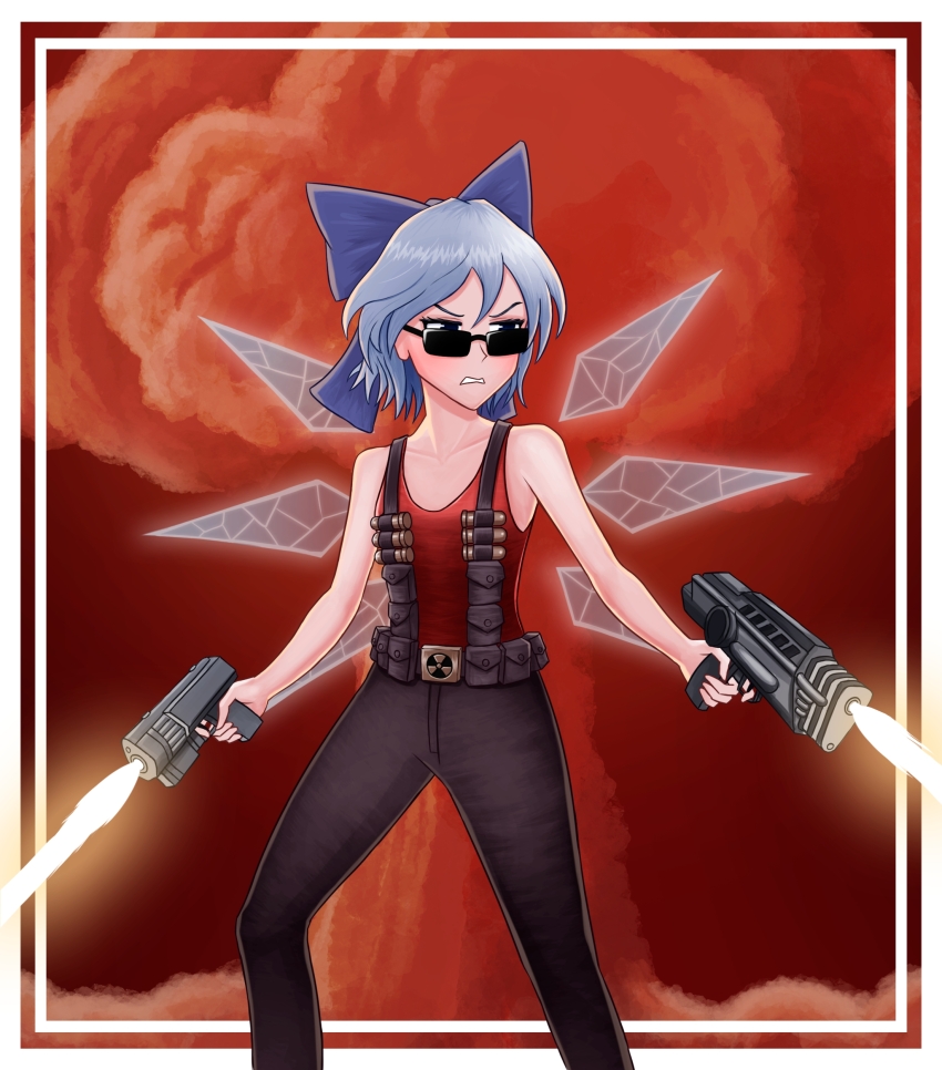1girl absurdres alternate_costume cirno cosplay duke_nukem duke_nukem_(cosplay) duke_nukem_(series) duke_nukem_3d explosion female_focus firing grummsed gun highres holding holding_gun holding_weapon nuclear_explosion solo touhou weapon