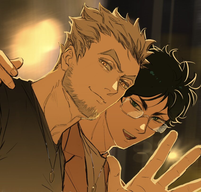 2boys aged_up akaashi_keiji alternate_costume beard black_hair black_shirt bokuto_koutarou chinstrap_beard closed_mouth facial_hair glasses green_eyes haikyuu!! hand_on_another&#039;s_shoulder highres jewelry koukiki9 light_smile looking_at_viewer male_focus multiple_boys necklace open_mouth rectangular_eyewear shirt short_hair teeth tongue v-shaped_eyebrows white_hair yellow_eyes