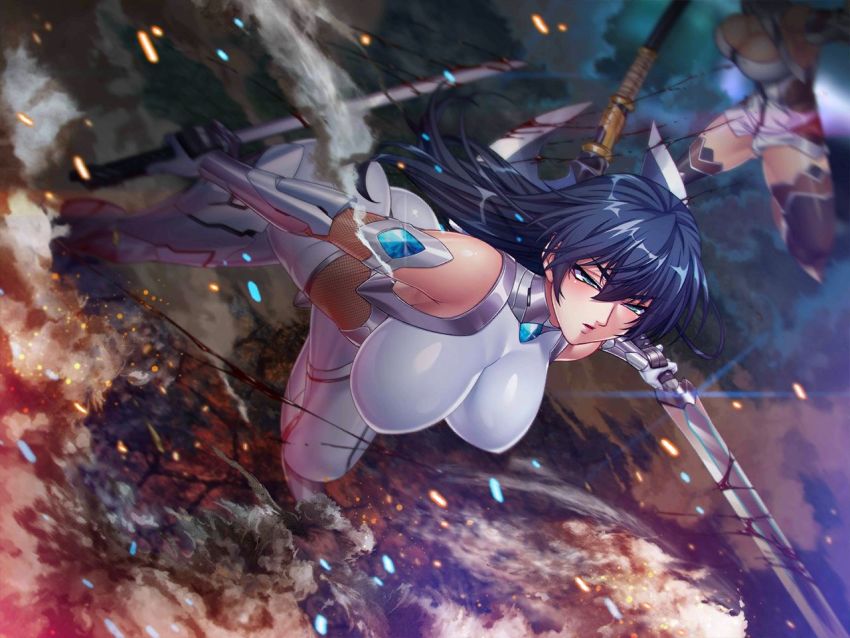 2girls action_taimanin ass axe bare_shoulders battle_axe blue_hair bodysuit boots breasts city curvy game_cg holding holding_weapon huge_ass igawa_asagi jumping kagami_hirotaka katana large_breasts lilith-soft long_hair looking_away multiple_girls serious shiny_skin sky sword taimanin_(series) taimanin_asagi team weapon yatsu_murasaki