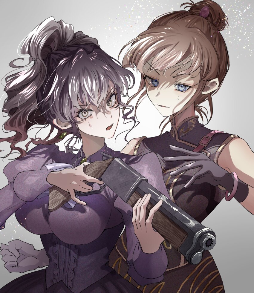 2girls armlet ascot blue_eyes brown_hair china_dress chinese_clothes dress earrings gloves gun hazel_eyes highres holding holding_gun holding_weapon jewelry light_particles looking_at_viewer mature_female multiple_girls ponytail purple_ascot purple_dress purple_gloves soresono88 sweat umineko_no_naku_koro_ni ushiromiya_eva ushiromiya_natsuhi weapon