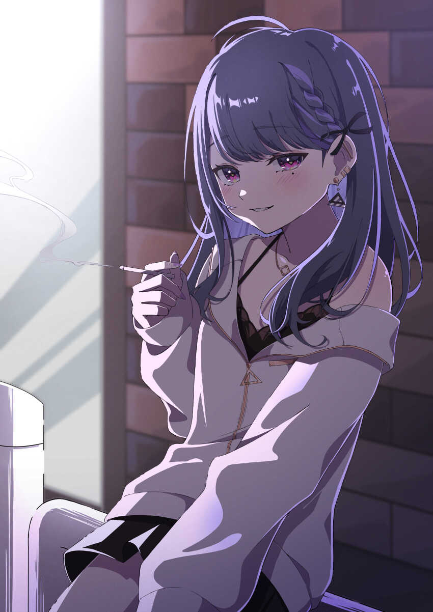 1girl absurdres akashi_(4kc_27) black_camisole black_skirt blush camisole cigarette commentary earrings highres holding holding_cigarette jacket jewelry koshimizu_toru koshimizu_toru_(2nd_costume) long_hair mole mole_under_eye necklace nijisanji pink_eyes pleated_skirt skirt solo symbol-only_commentary triangle_earrings virtual_youtuber white_jacket
