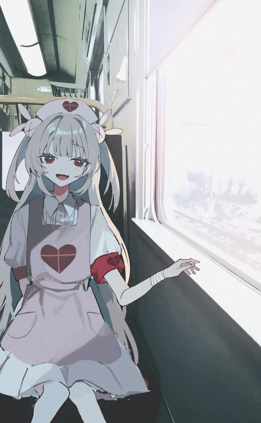 1girl blonde_hair cowboy_shot fang highres looking_at_viewer natori_sana natori_sana_(nurse) open_mouth red_eyes sana_channel scenery si_(wooupp) sitting skin_fang smile solo train_interior virtual_youtuber window