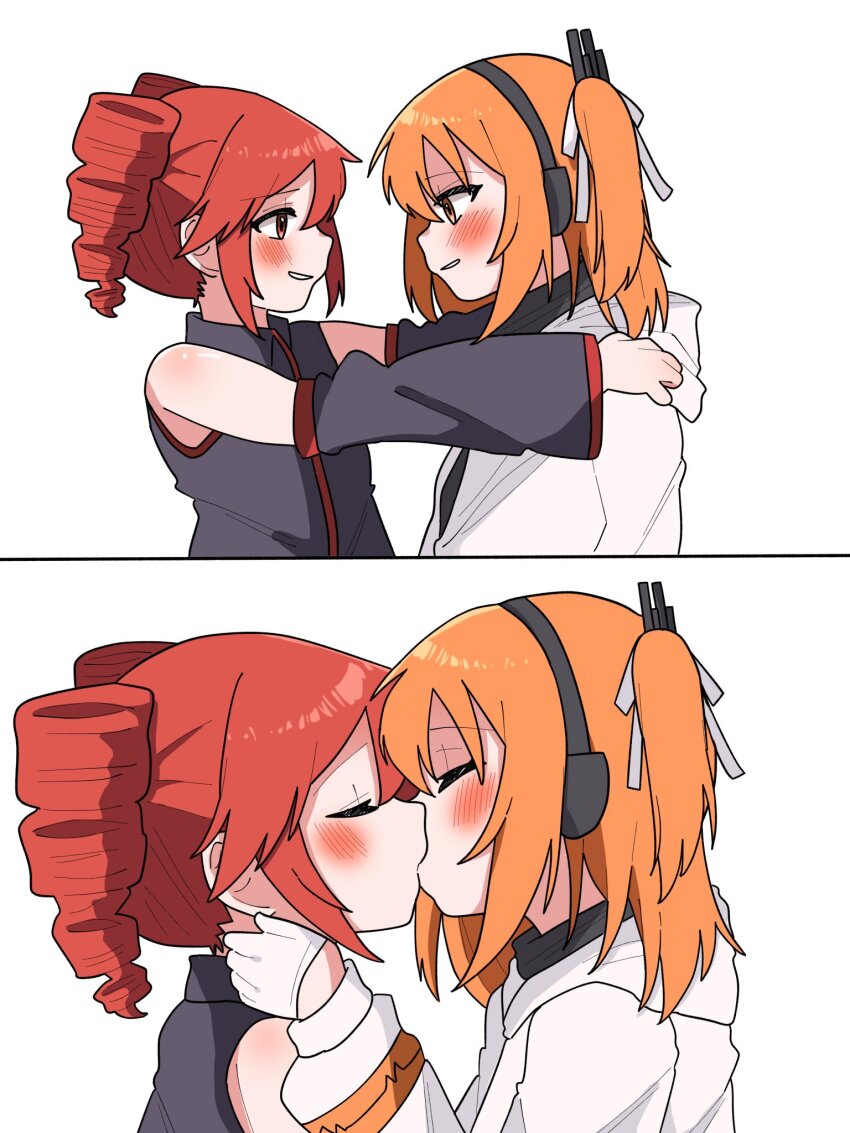 2girls a.i._voice adachi_rei bare_shoulders blush detached_sleeves drill_hair eye_contact gloves grey_shirt grey_sleeves highres jacket kasane_teto kasane_teto_(utau) kiss long_sleeves looking_at_another medium_hair multiple_girls one_side_up orange_hair red_hair shirt sleeveless sleeveless_shirt twin_drills upper_body utau vvv_fnk white_background white_gloves white_jacket yuri