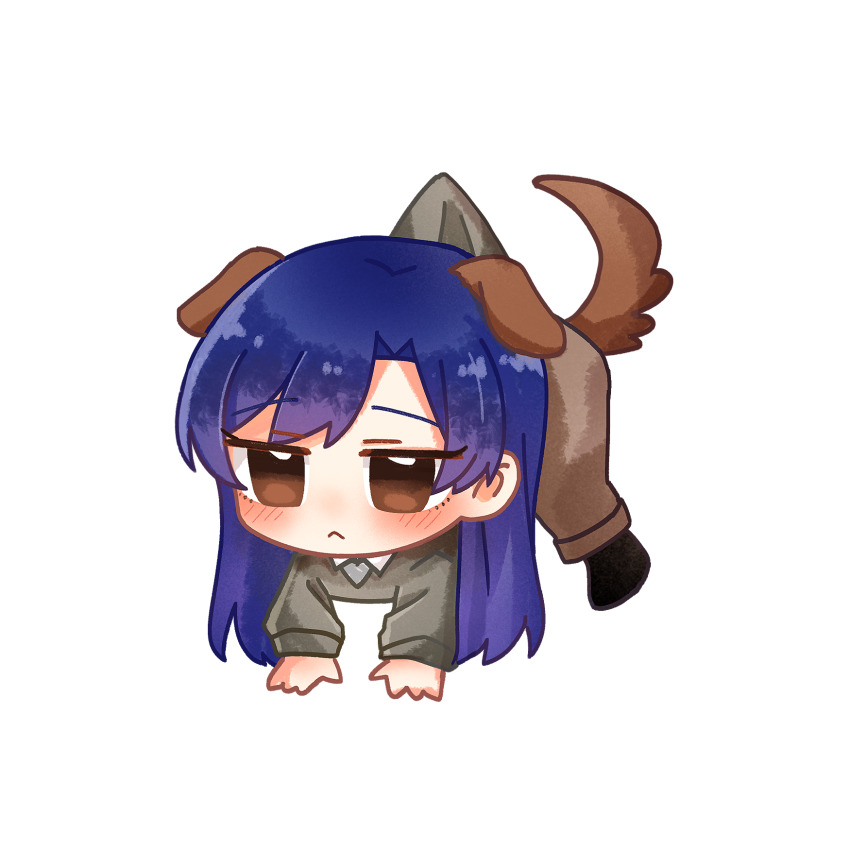1girl animal_ears black_shoes blue_hair blush brown_eyes brown_pants chibi chiwawa174 closed_mouth collared_shirt dog_ears dog_tail full_body highres idolmaster idolmaster_(classic) jitome kemonomimi_mode kisaragi_chihaya long_hair long_sleeves pants shirt shoes simple_background solo tail transparent_background