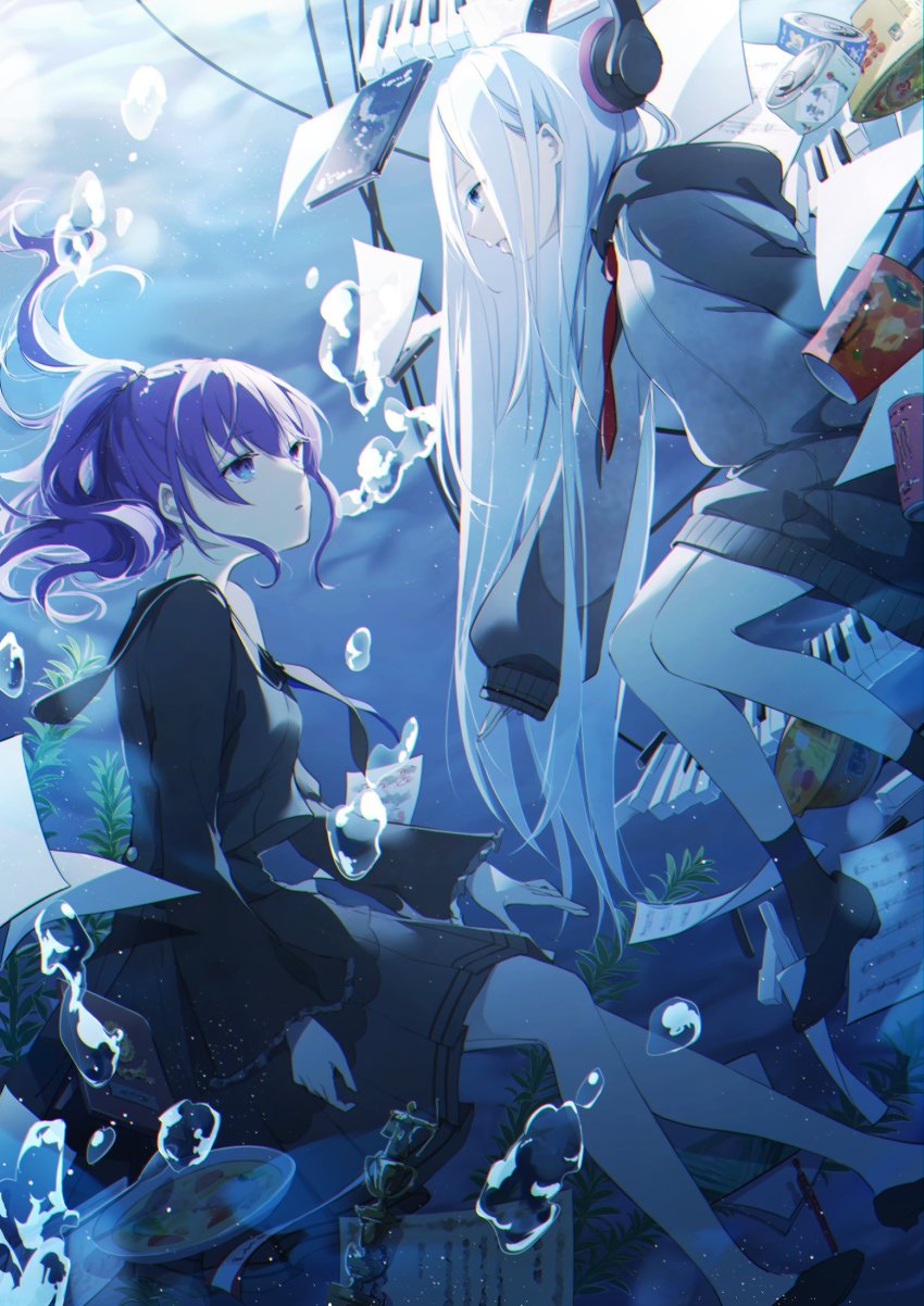 2girls air_bubble asahina_mafuyu black_legwear blue_eyes bubble can canned_food chromatic_aberration cup_ramen floating_hair food gradient_clothes gradient_jacket headphones highres hood hood_down hoodie instant_ramen jacket kelp long_hair long_sleeves mechanical_pencil monster_energy multiple_girls necktie open_mouth oversized_clothes paper parted_lips pencil piano_keys plaque ponytail project_sekai purple_hair school_uniform serafuku sheet_music sidelocks sleeves_past_wrists soup spoon trophy underwear very_long_hair white_hair wire yoisaki_kanade yukkering_(yukke)
