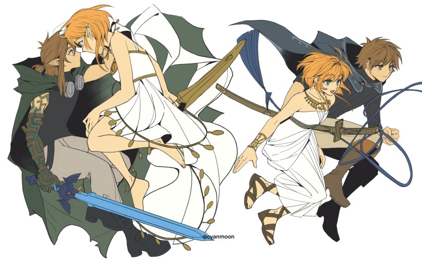 2boys 2girls alternate_costume arm_tattoo bare_shoulders barefoot black_footwear blonde_hair blue_cape boots bracelet brown_eyes brown_footwear brown_hair cape closed_mouth commentary_request cosplay costume_switch crossover dress eye_contact gladiator_sandals green_cape green_eyes grey_pants highres holding holding_sword holding_weapon hood hood_down hooded_cape jewelry katana link link_(cosplay) looking_at_another master_sword mixed-language_commentary multiple_boys multiple_girls necklace nintendo pants pointy_ears ponytail princess_zelda princess_zelda_(cosplay) profile prosthesis prosthetic_arm sakura_hime sakura_hime_(cosplay) sandals short_hair short_ponytail shuo_yue sidelocks simple_background smile strapless strapless_dress sword tattoo the_legend_of_zelda the_legend_of_zelda:_tears_of_the_kingdom toes tsubasa_chronicle twitter_username weapon white_background white_dress xiaolang xiaolang_(cosplay)