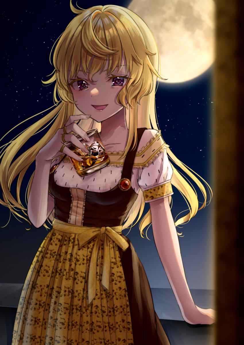 1girl adapted_costume ahoge alcohol apron balcony beer beer_mug blonde_hair blouse bodice breasts brown_apron colored_eyelashes commission cowlick cup dirndl dress gem german_clothes highres holding holding_cup isabeau_de_baviere_(madoka_magica) jewelry long_hair magia_record:_mahou_shoujo_madoka_magica_gaiden mahou_shoujo_madoka_magica mahou_shoujo_tart_magica medium_breasts messy_hair mimiko_(artist) moon mug night night_sky open_mouth outdoors pinafore_dress pink_eyes pixiv_commission puffy_short_sleeves puffy_sleeves queen ribbon ring shirt short_sleeves skirt sky sleeveless sleeveless_dress smile solo strap tall_female traditional_clothes underbust waist_apron wavy_hair whiskey yellow_ribbon